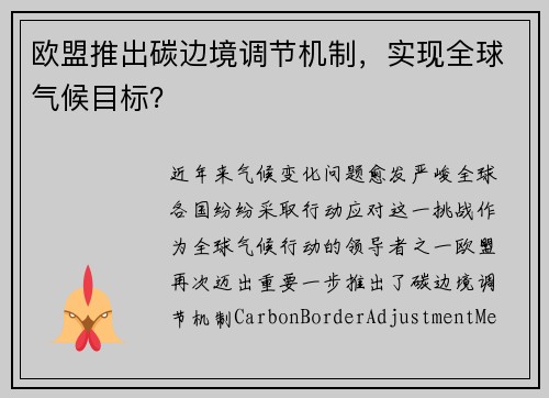 欧盟推出碳边境调节机制，实现全球气候目标？
